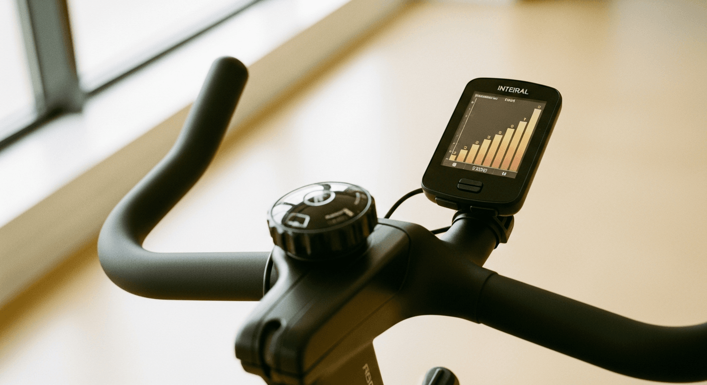 A black exercise bike with an amber interval display showing ascending steps on the handlebars.