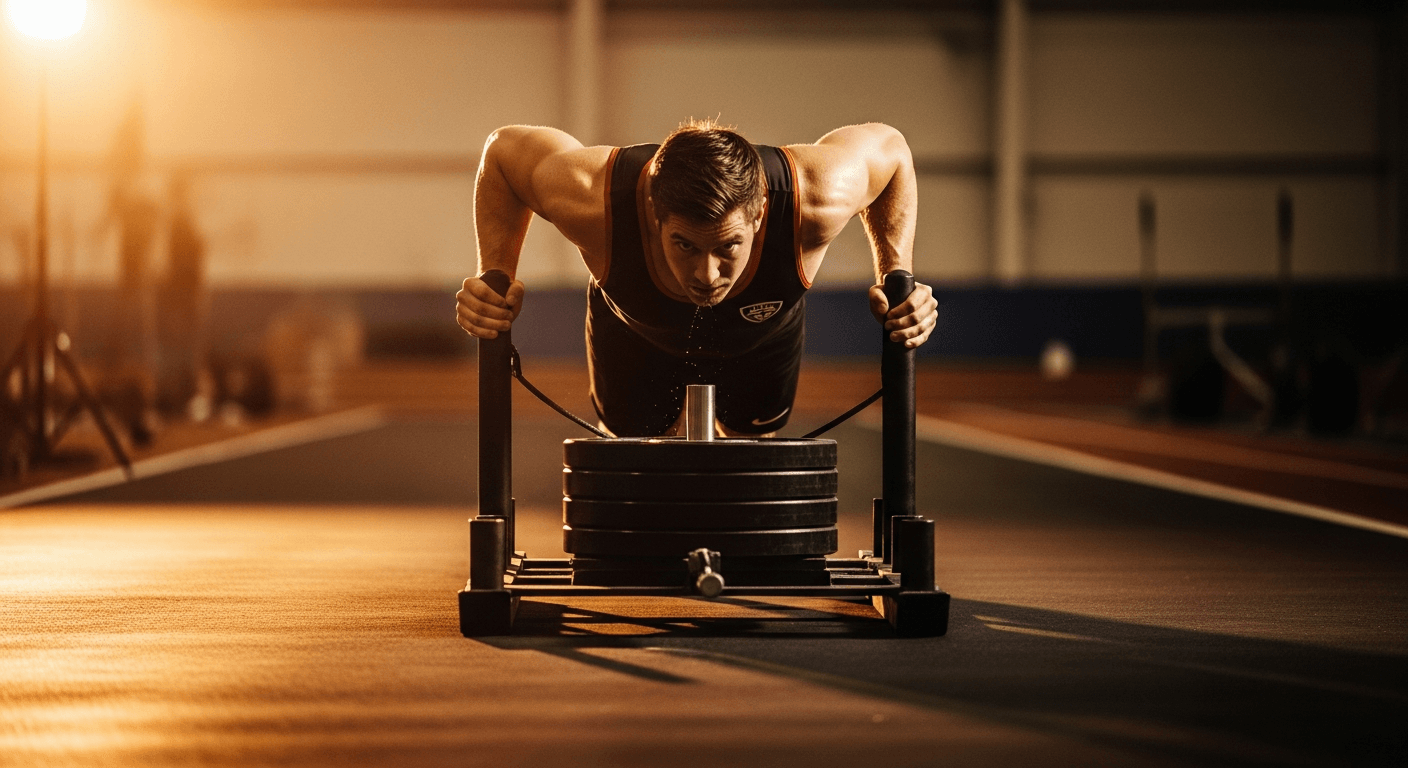 Male athlete pushing a heavy competition sled across a polished indoor floor.
