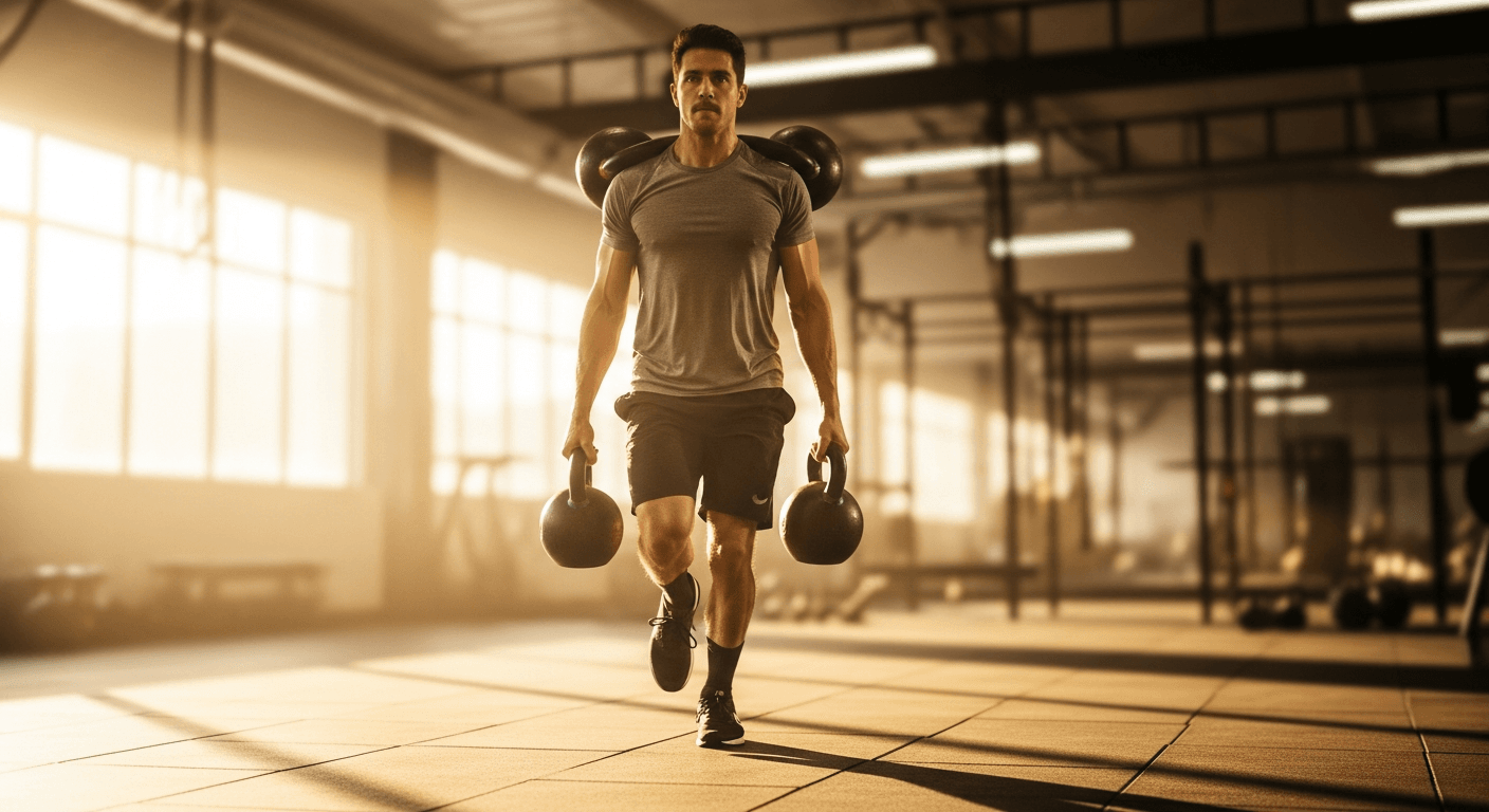 Male athlete performing a heavy kettlebell farmers carry with purposeful stride in a sunlit training gym.