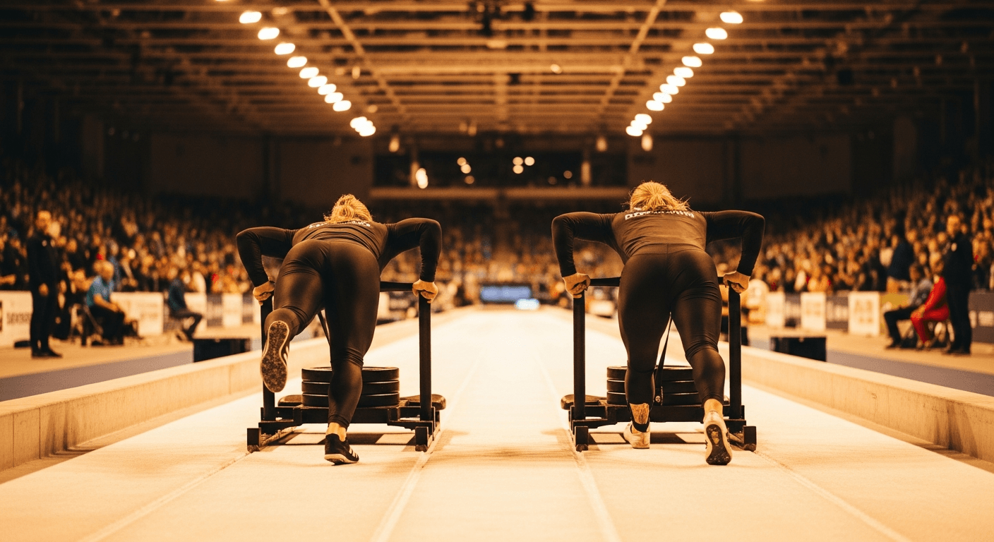 Two female athletes in dark kit push weighted sleds side by side on a polished arena floor.