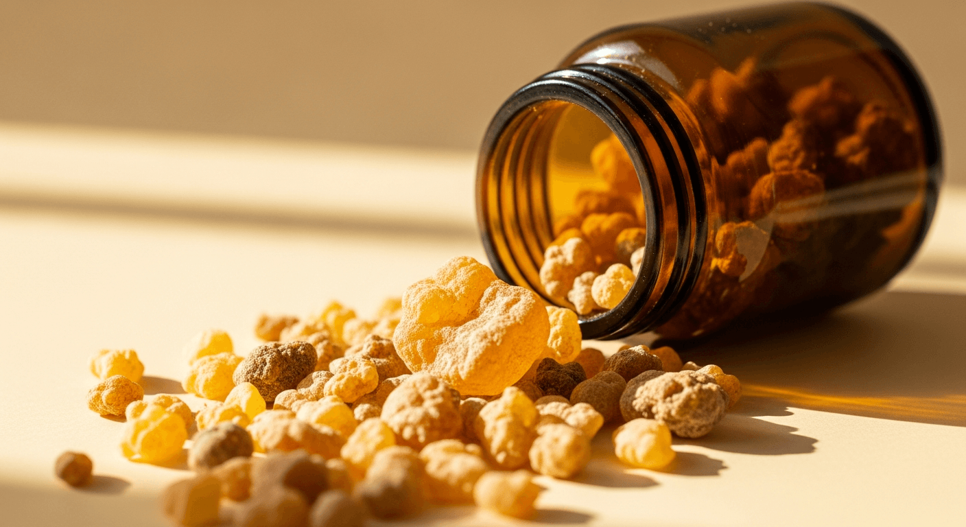 Golden-brown Boswellia resin chunks spilling from an amber glass jar onto a warm cream surface.