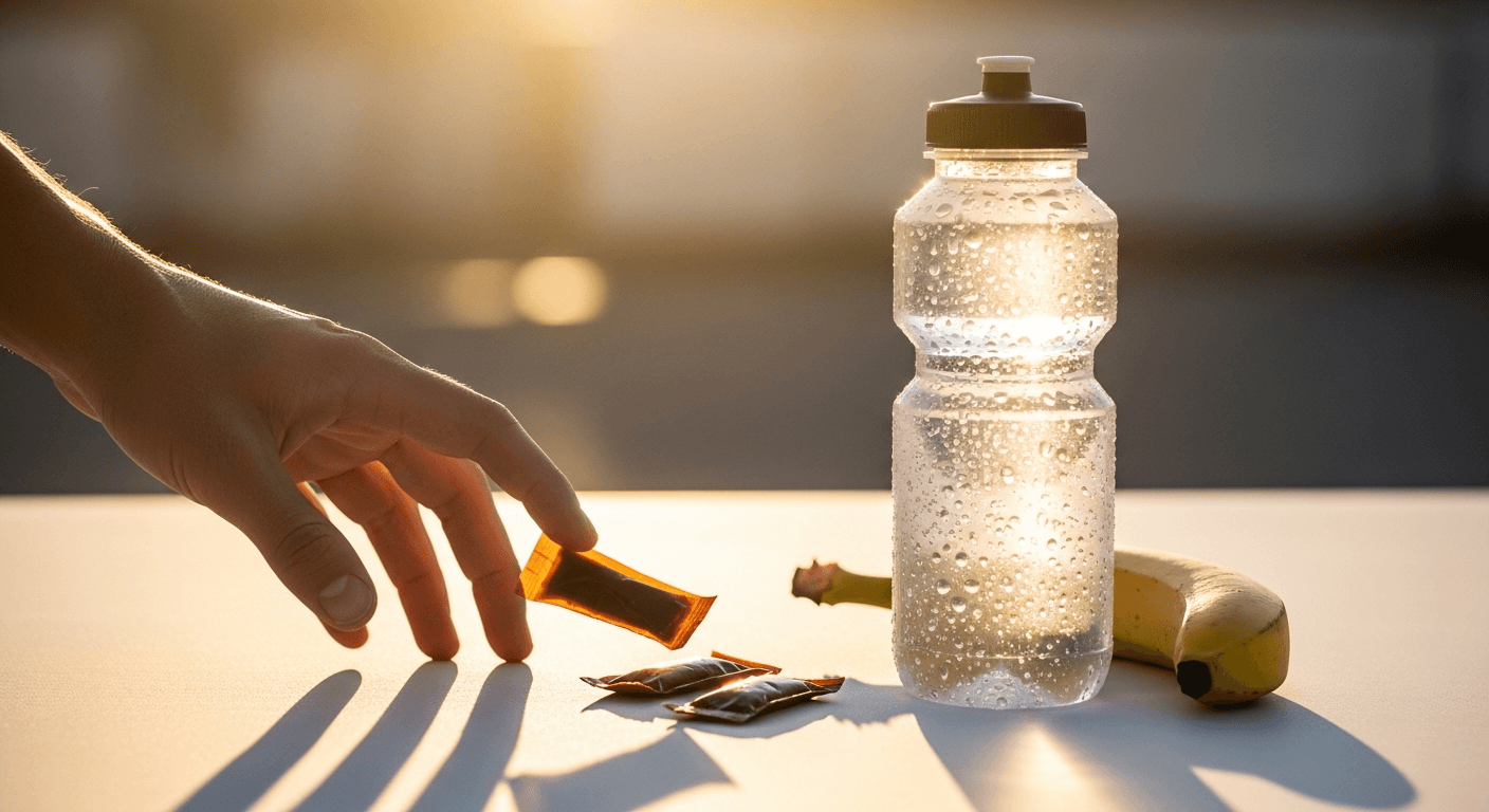 Athlete reaching for a water bottle, energy gels, and banana arranged on a warm surface.