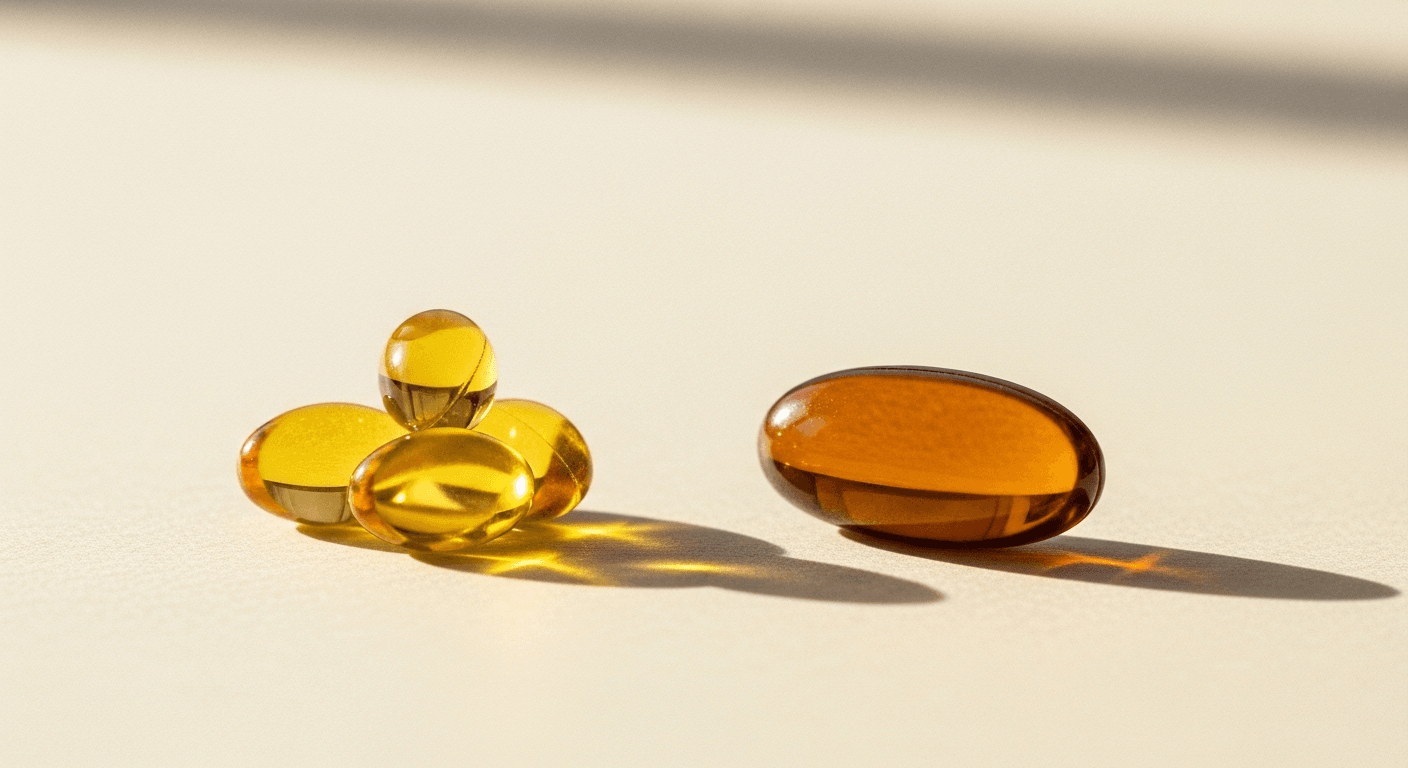 Amber capsule and pale yellow vitamin D3 softgels on warm cream surface in golden light.