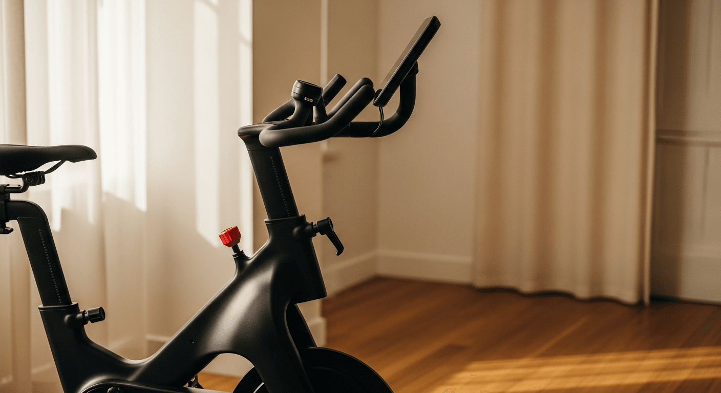Sleek black stationary bike in a minimalist living room lit by warm natural morning light.