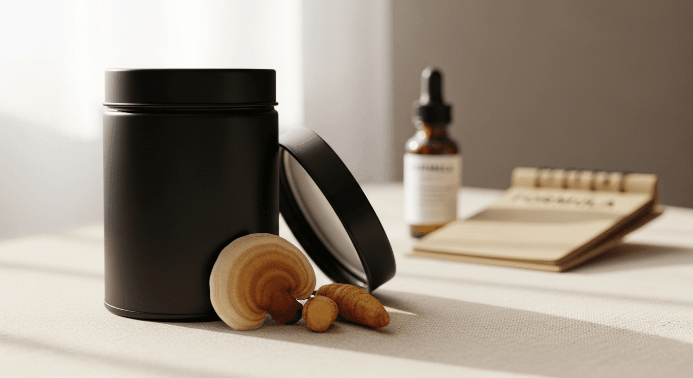 Matte black supplement tin with dried botanicals and accessories on warm cream linen.