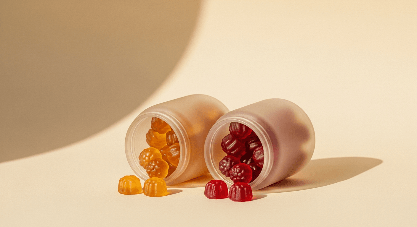 Two translucent amber and red gummy jars positioned side by side on a warm cream surface with soft golden light.