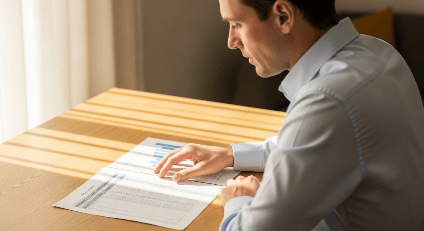 A coaching professional reviews printed data at a light oak desk in warm natural light.