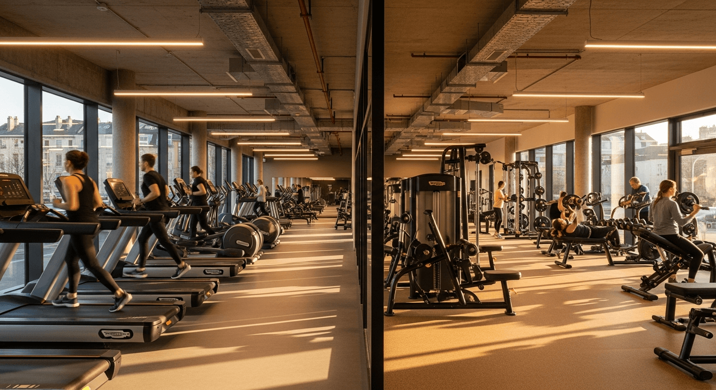 Modern French boutique gym interior showing cardio floor and premium wellness studio bathed in golden light.