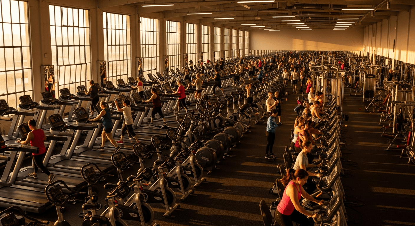 Overhead view of a crowded gym floor packed with dozens of members using treadmills, bikes, and machines in warm golden light.