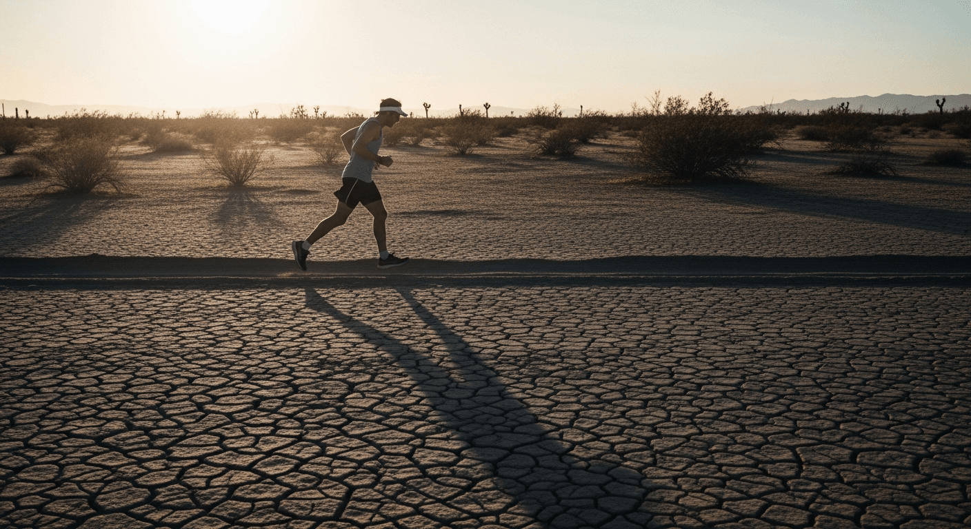 A lone runner struggles through cracked Arizona desert terrain at dusk, silhouetted against fading light.