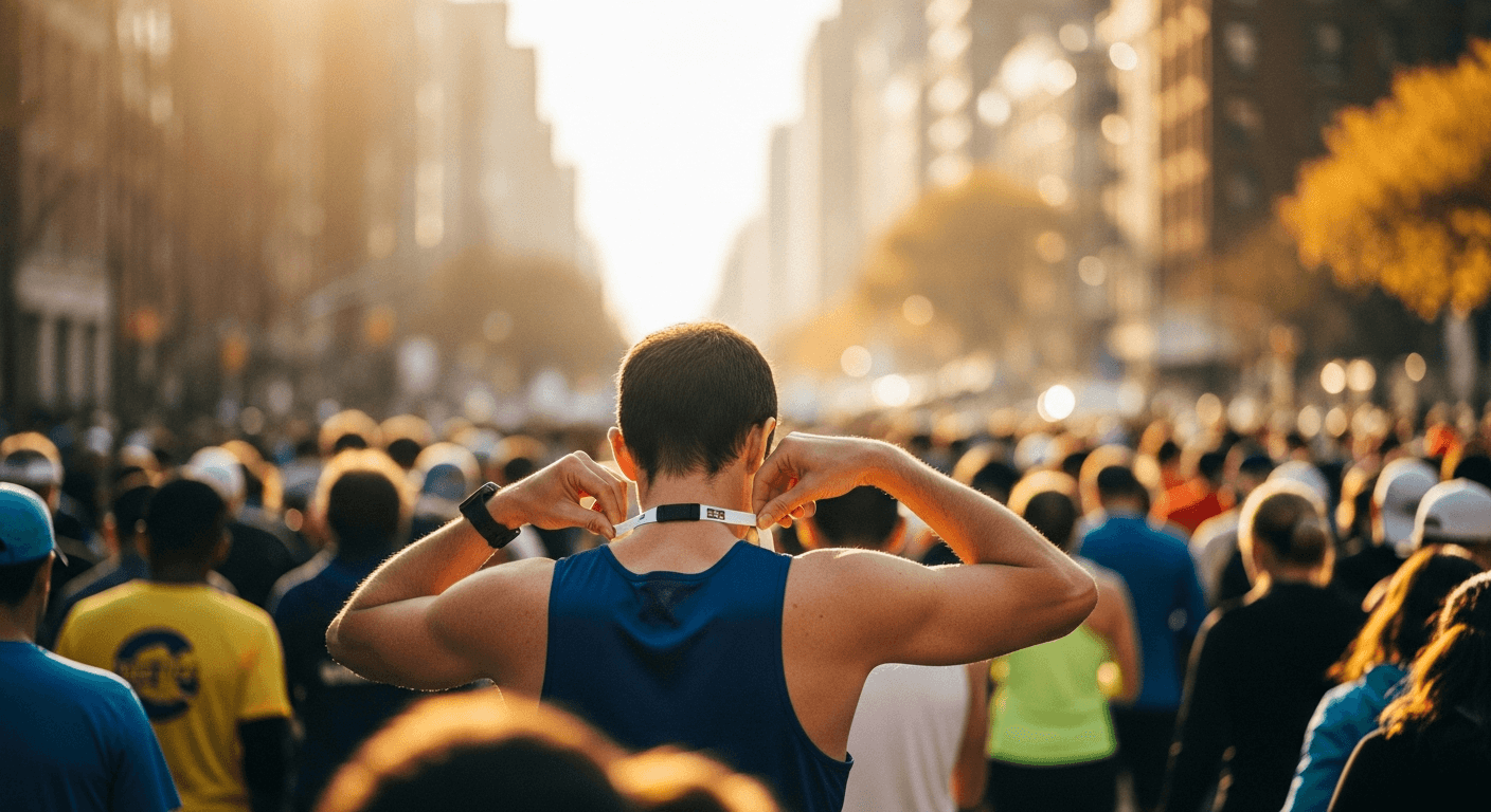 A runner pins their race bib at a crowded NYC road race start, surrounded by other competitors in early morning light.