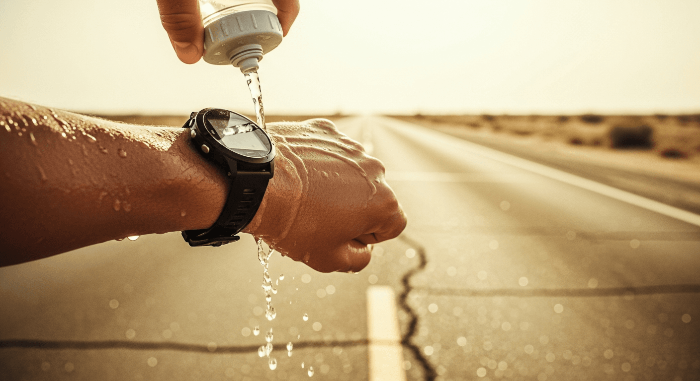 A sweating runner pours water over their wrist while running in extreme desert heat.