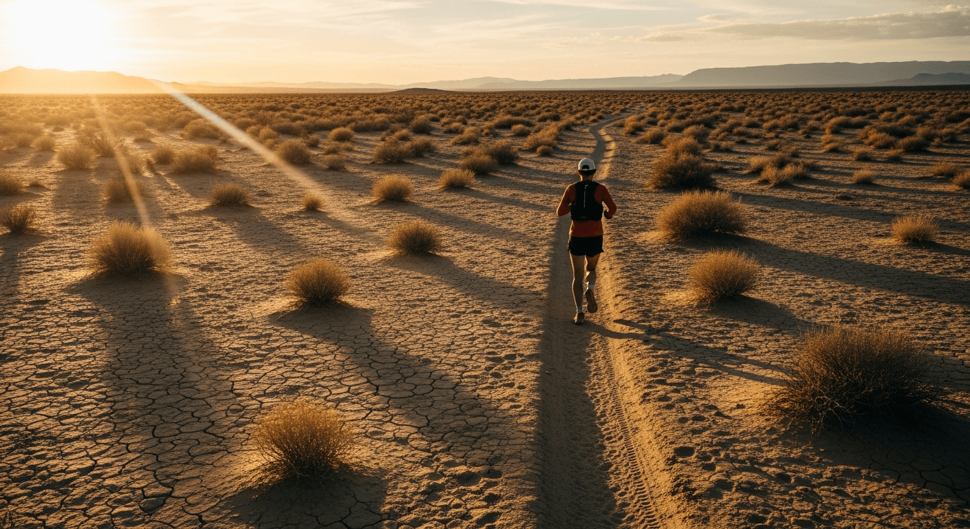 Lone runner at dusk, small figure dwarfed by vast, empty desert landscape with no finish line.