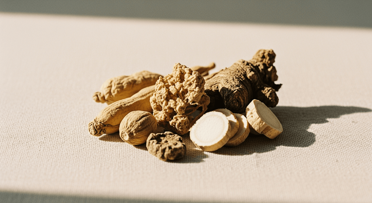Close-up of dried adaptogenic roots and botanical specimens on warm cream linen with soft natural light.