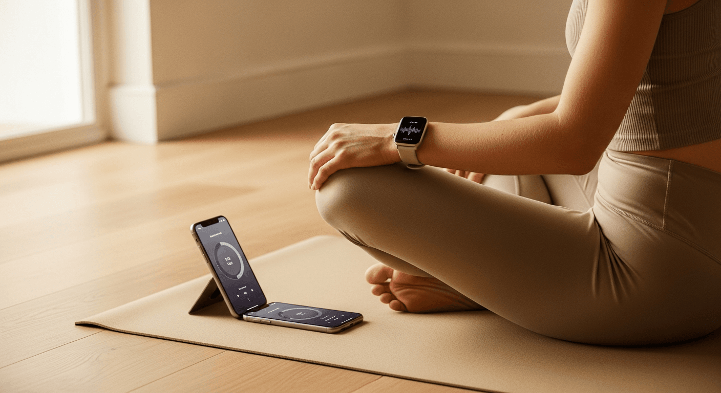 Woman meditating cross-legged on a yoga mat with smartwatch and phone displaying breathing guidance tools.