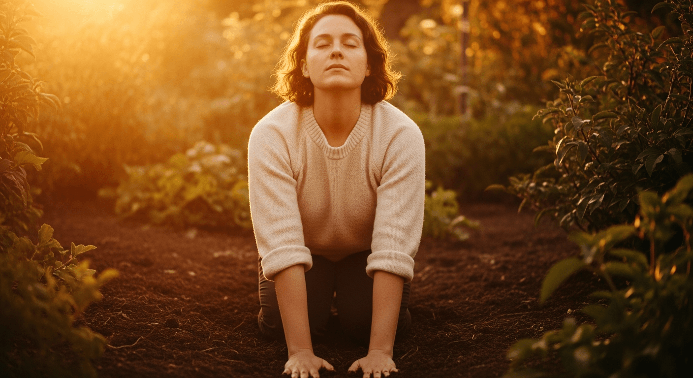 Person kneeling in garden bed with eyes closed, hands in soil, peaceful expression in warm golden light.