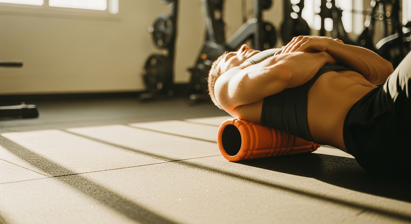Athletic person using an orange foam roller on their upper back while lying on a gym floor.