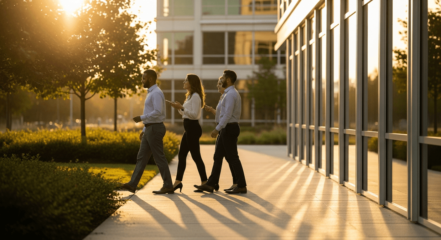 Group of employees in business-casual attire walking together on a sunlit outdoor path beside a modern glass office building.