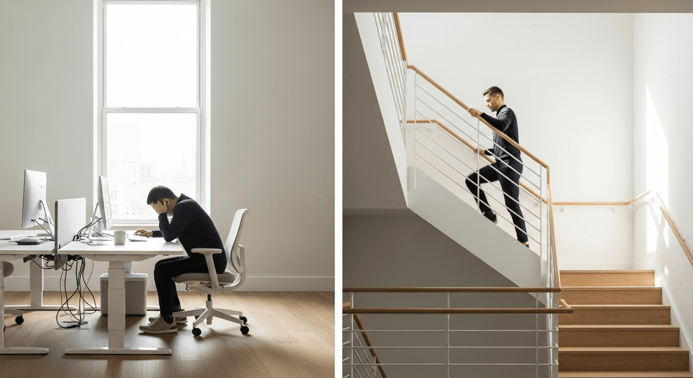 A person transitions from a hunched desk posture to energetically climbing stairs in an office.