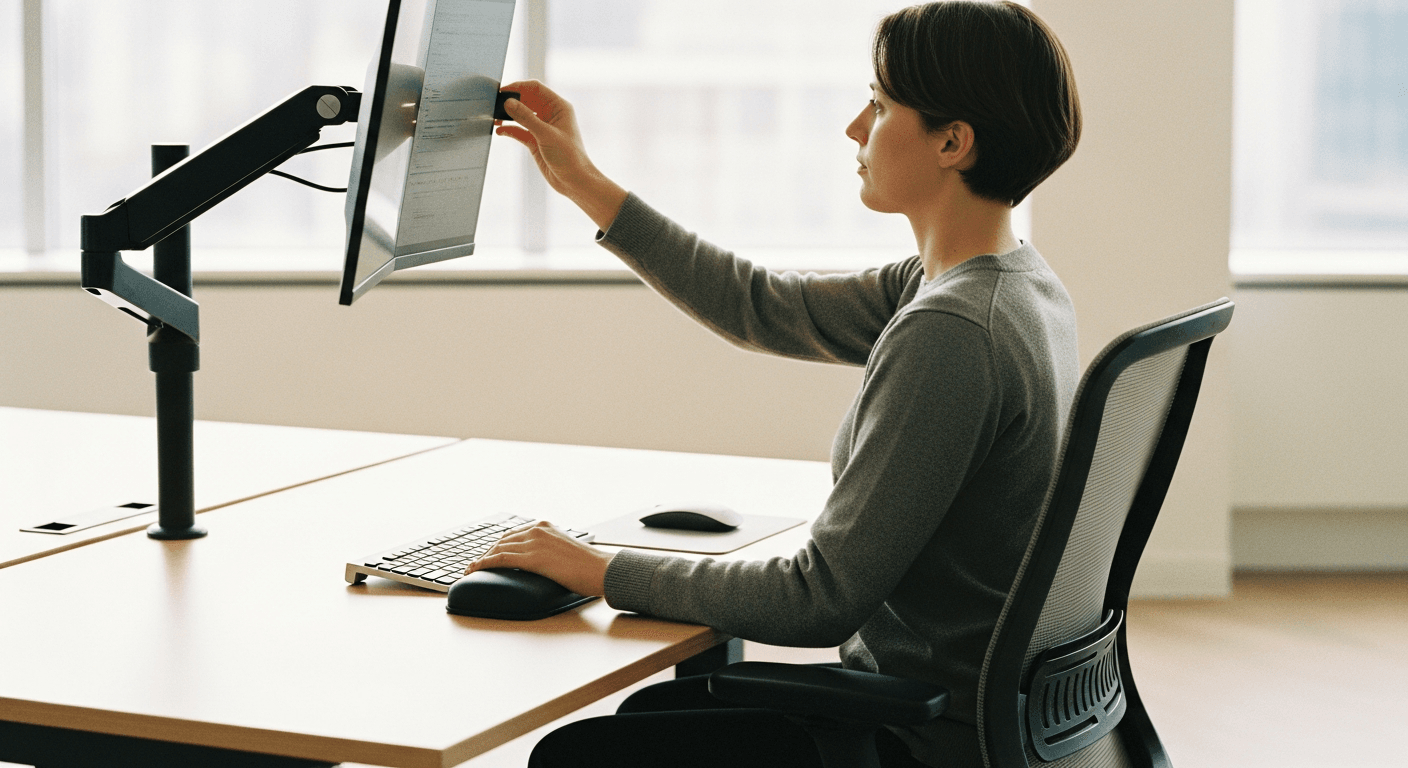 A person adjusts an ergonomic monitor arm at a well-organized modern workstation in a bright office.