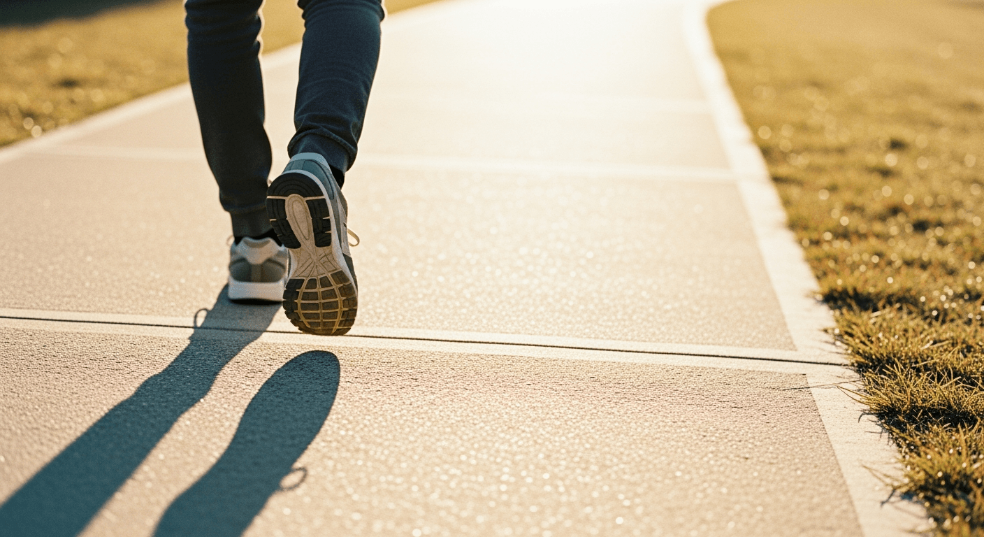A person walking briskly on a sunlit concrete path, captured from ankle level mid-stride during golden hour.