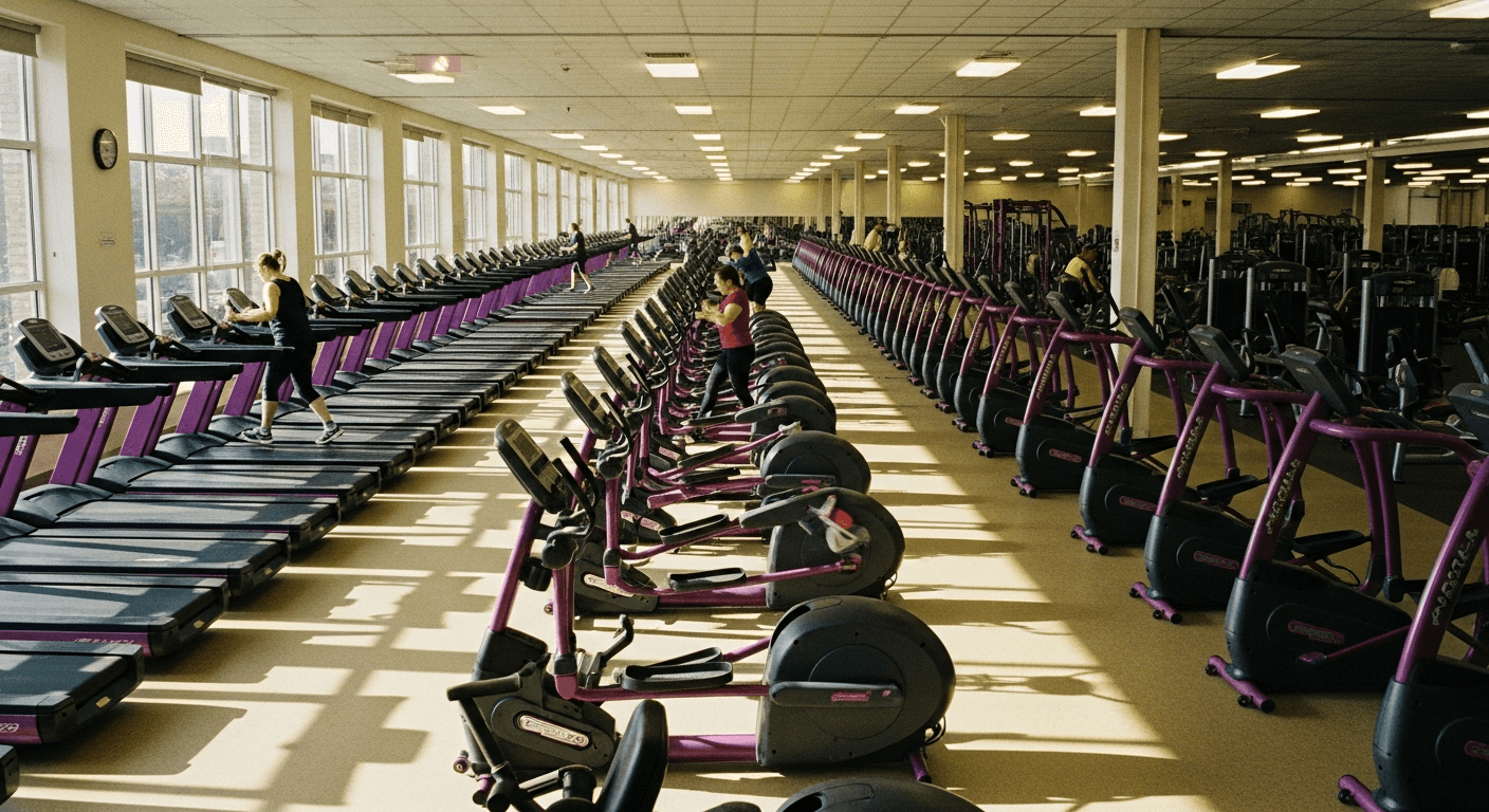 Nearly empty gym floor with scattered cardio equipment and few exercisers in warm golden light.