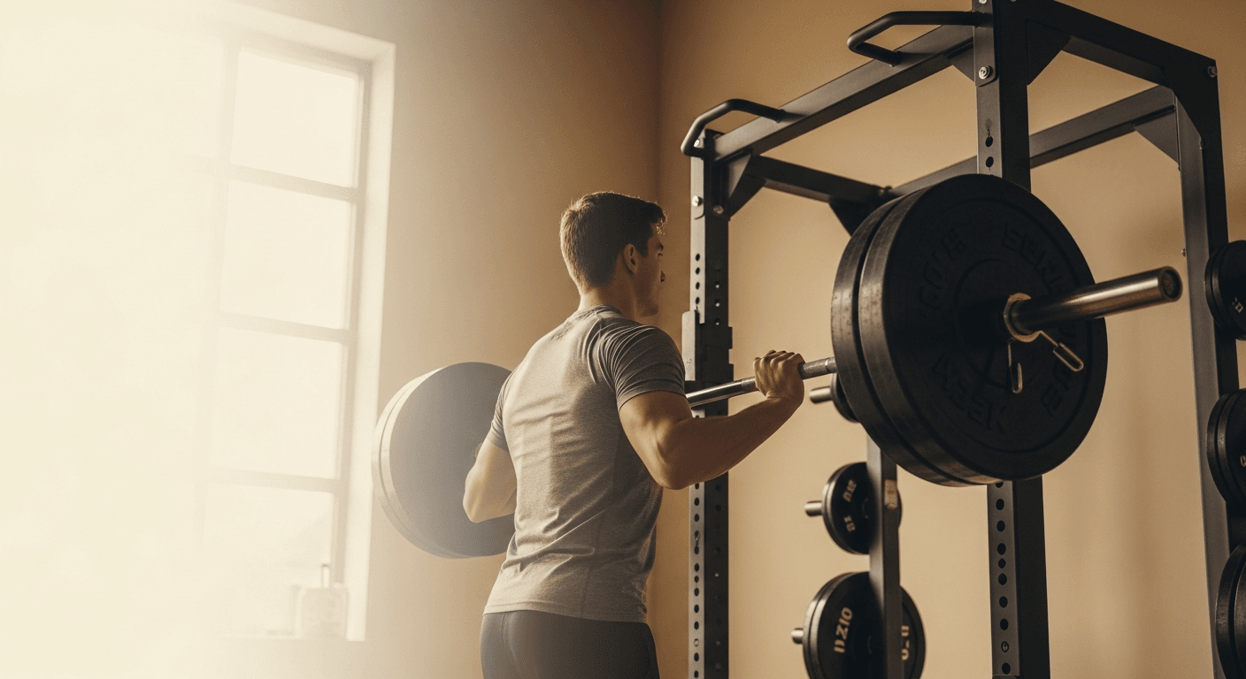 A male lifter in a grey shirt calmly steps back from a loaded barbell in a warm, naturally lit gym.