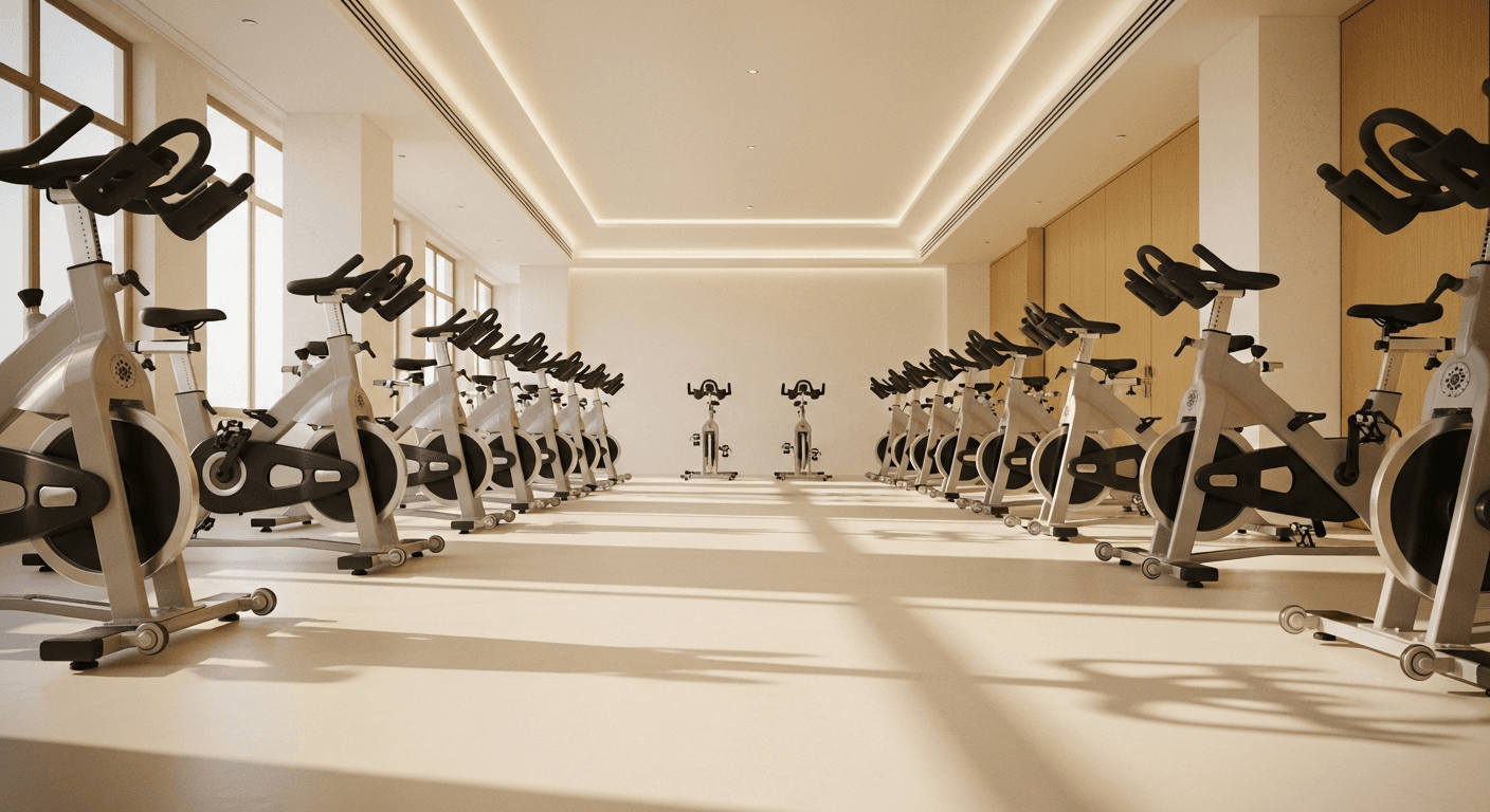 Empty boutique cycling studio with aligned bikes receding into distance, soft golden light, no people present.