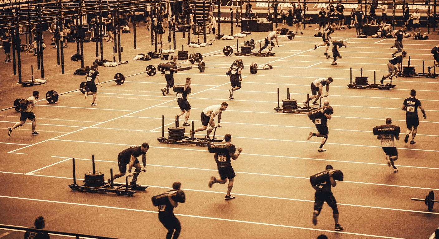 Multiple athletes mid-race pushing weighted sleds and carrying sandbags across a functional fitness competition floor.