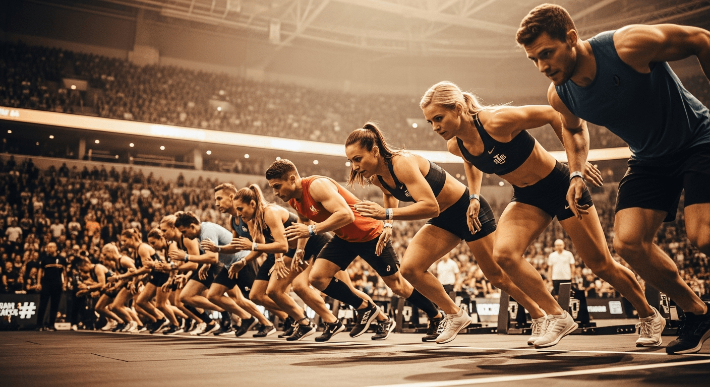 Elite athletes lined up at the starting line of a HYROX competition, focused and ready to race.
