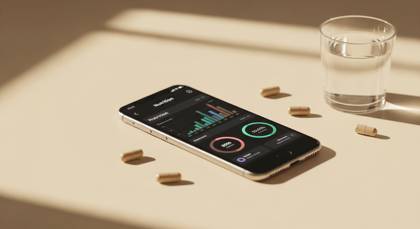 A smartphone displaying a nutrition dashboard surrounded by supplement capsules and a glass of water on a cream surface.