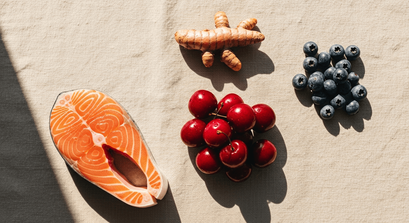 Overhead flat lay of tart cherries, salmon fillet, turmeric root, and blueberries on warm linen with natural shadows.