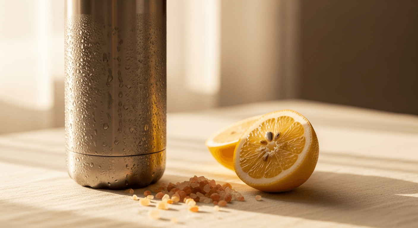 A sweating water bottle beside pink salt crystals and lemon half on a warm cream surface.