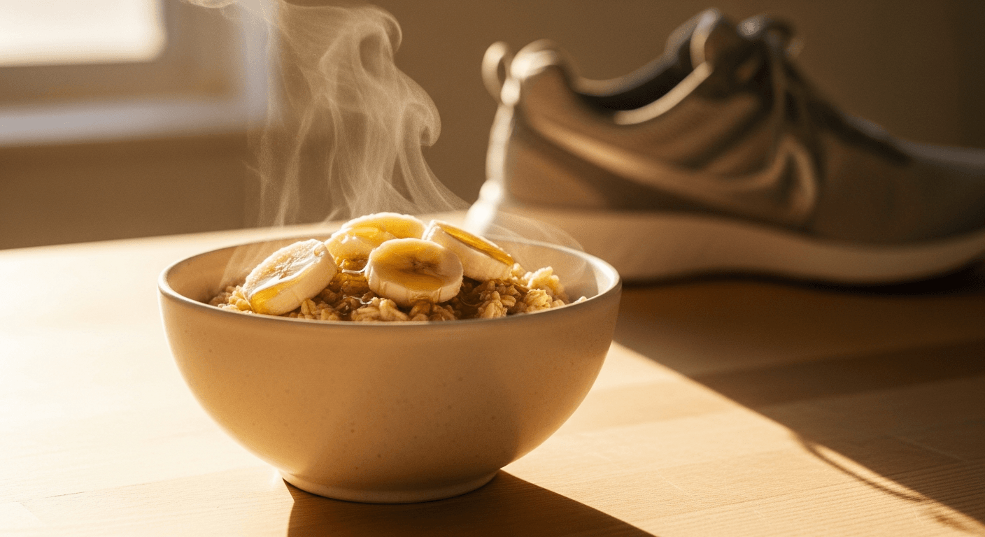 Bowl of oatmeal topped with banana slices and honey with a blurred running shoe in the background.