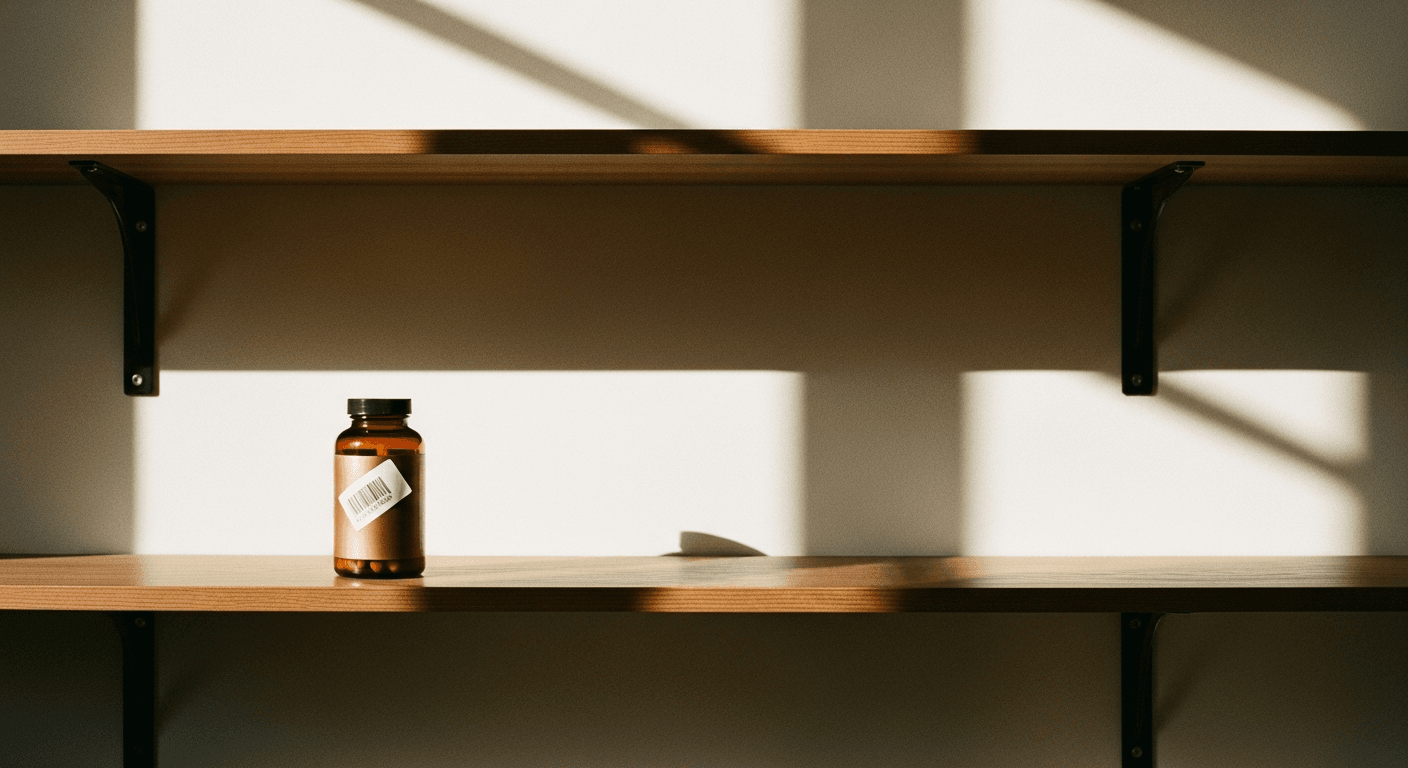 A solitary dark amber supplement bottle on an empty wooden shelf, lit by warm window light.