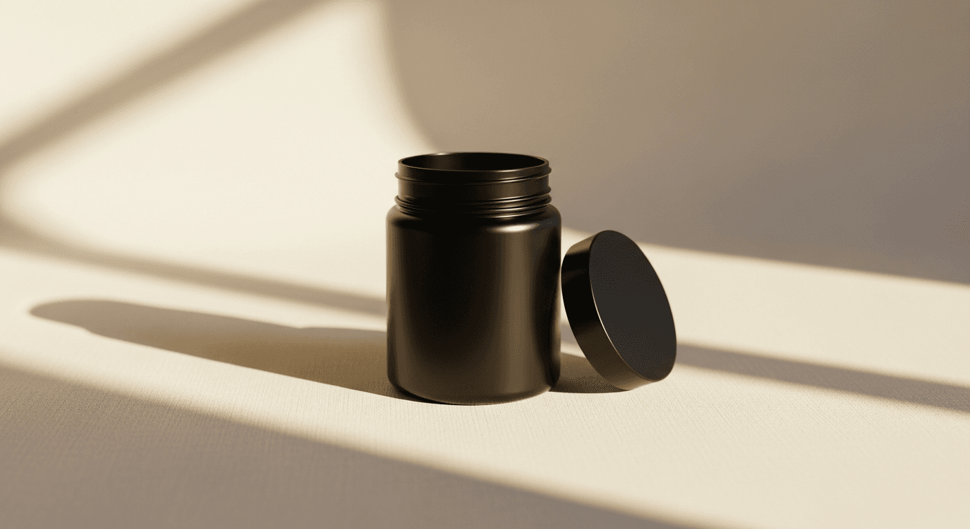 Black matte supplement canister with lid on cream surface, lit by warm natural golden-hour light.