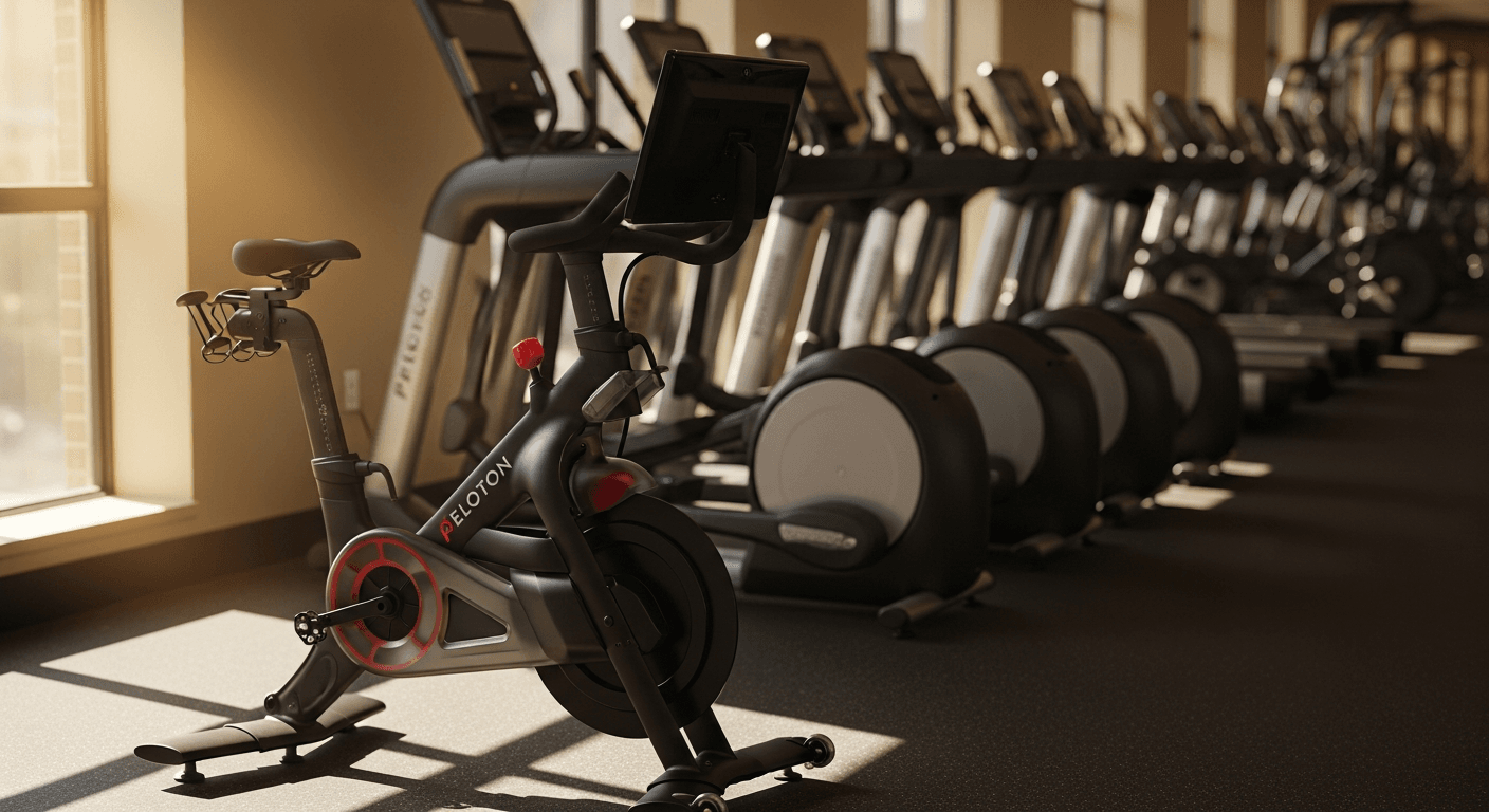 A premium black Peloton Bike+ in a luxury gym setting, distinctly positioned against blurred competing equipment in warm natural light.