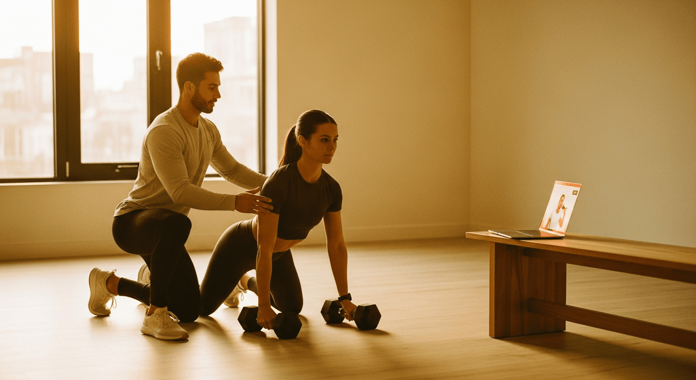 A personal trainer guides an in-person client with dumbbells while a remote athlete appears on a nearby laptop screen.