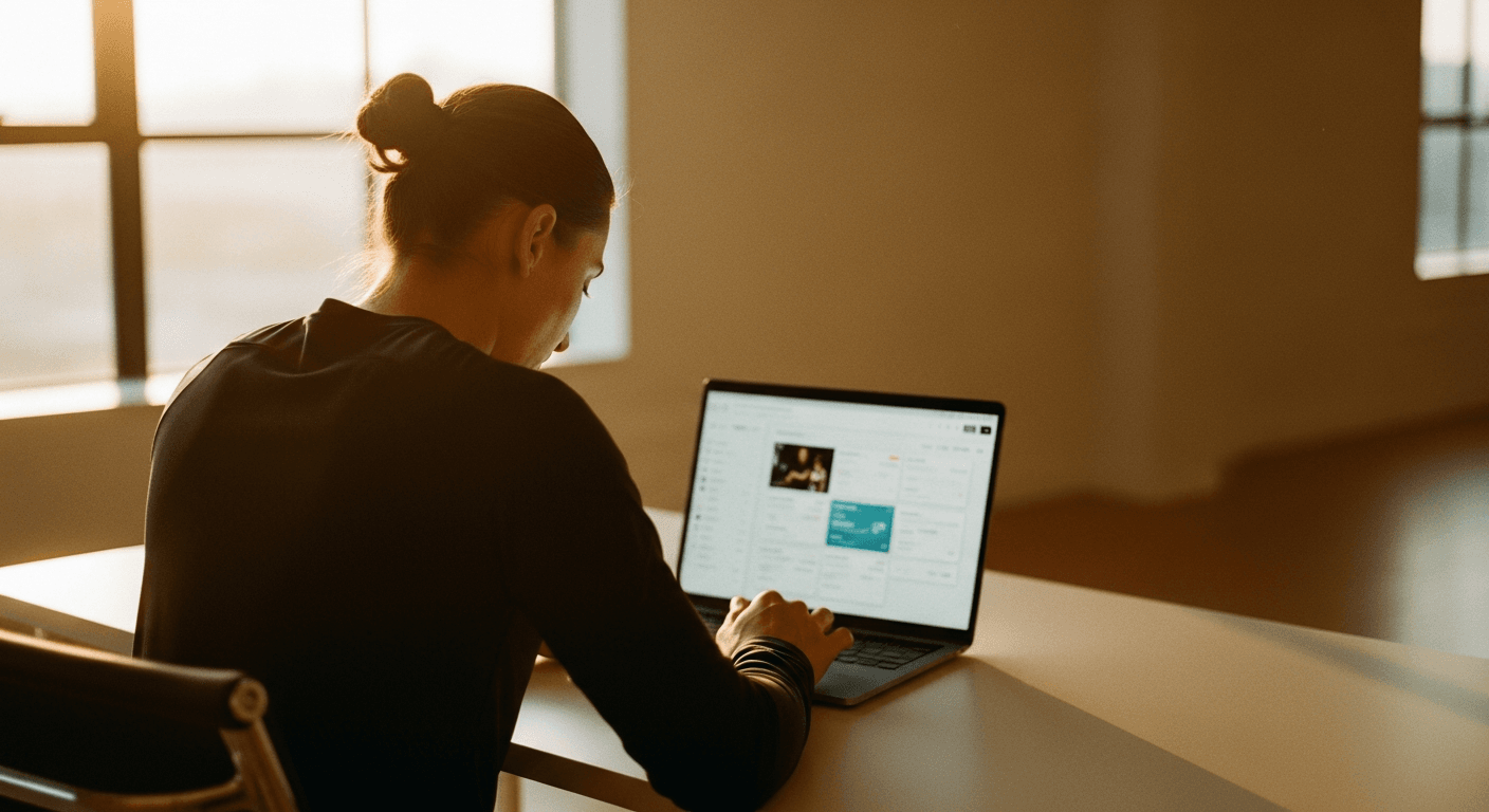A fitness coach at a desk reviews a coaching platform on their laptop in warm morning light.