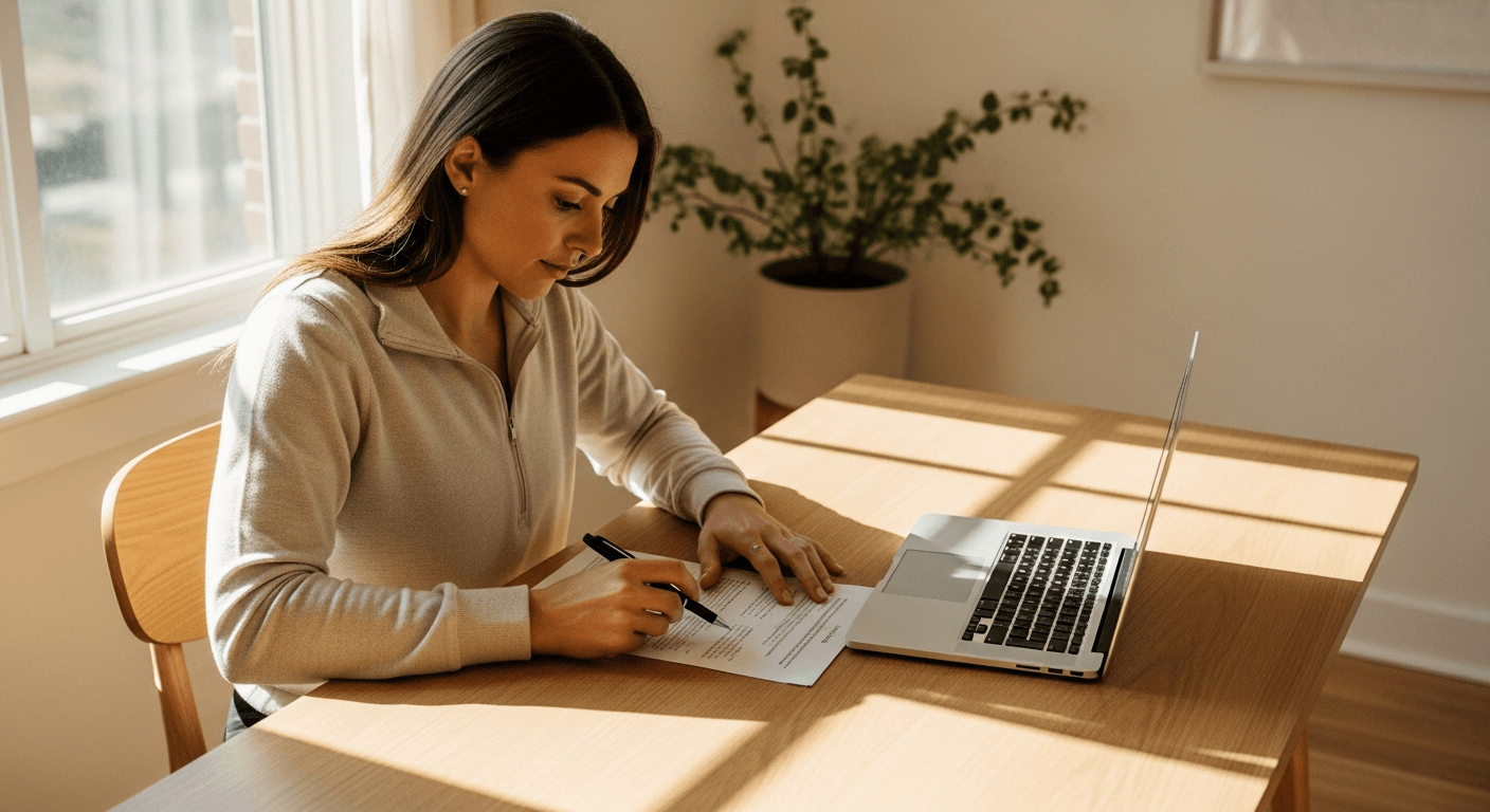 A personal trainer reviews printed documents at a desk in warm natural morning light.