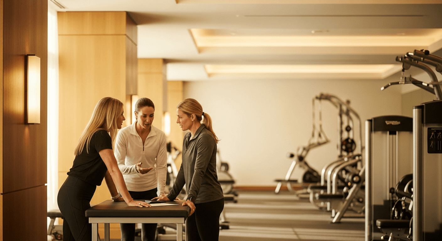 Three professional women in athletic attire engage in focused discussion near a training table in a premium gym.