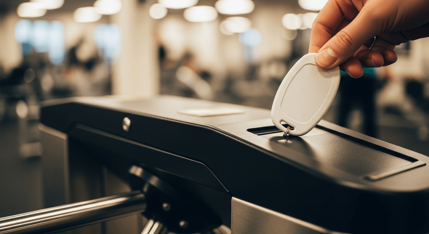 A gym membership keychain fob held between two fingers at a scanner gate, with an empty gym floor visible in the blurred background.