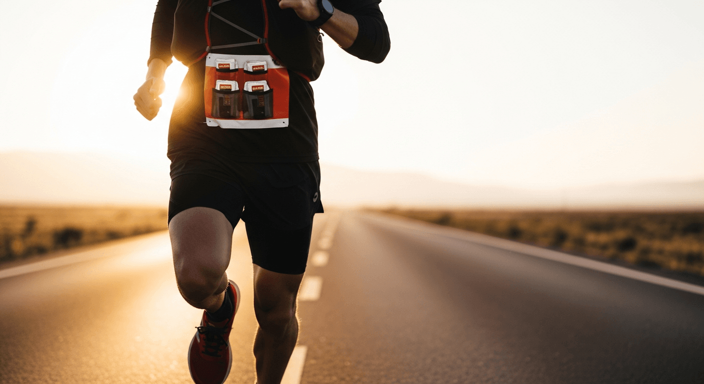Runner mid-stride wearing a race vest filled with energy gels, captured in golden-hour light.