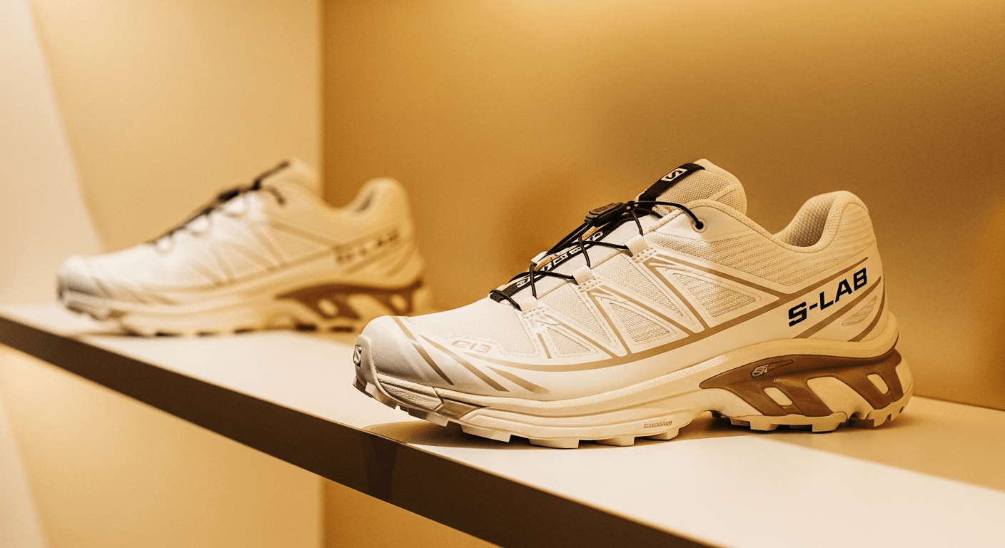 Salomon trail running shoe with distinctive sculptured sole displayed on a clean retail shelf in warm golden light.
