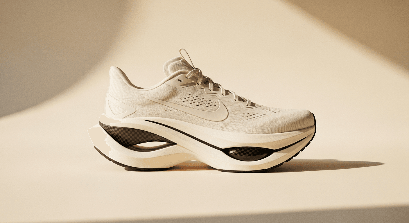 Modern running shoe with visible carbon-plate midsole cross-section on a warm cream surface.