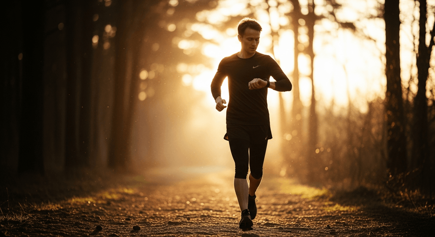 A runner in mid-stride on a forest trail checks their GPS watch with a focused expression.