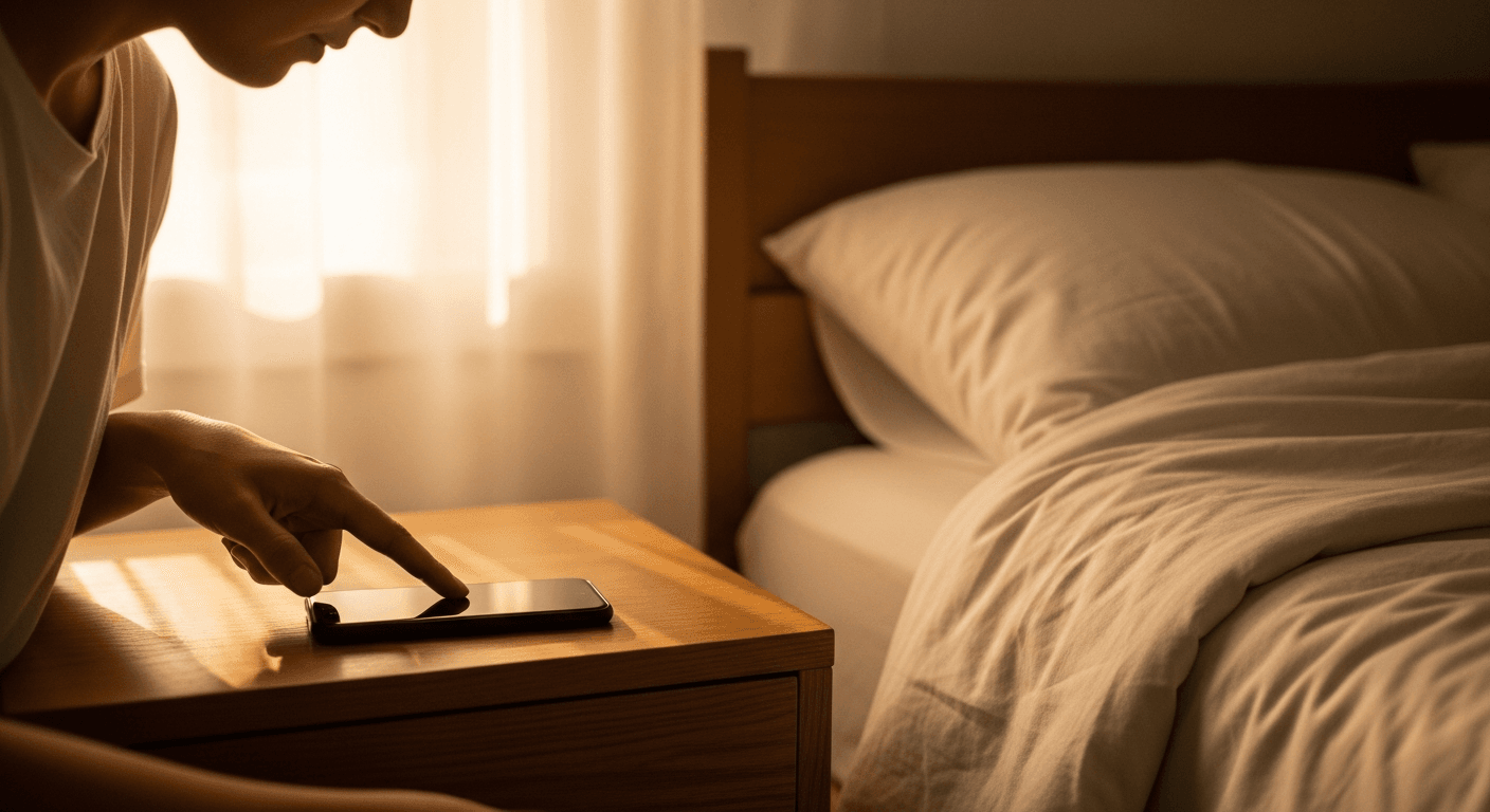 A woman's hand places a smartphone face-down on a warm wooden nightstand in golden light.