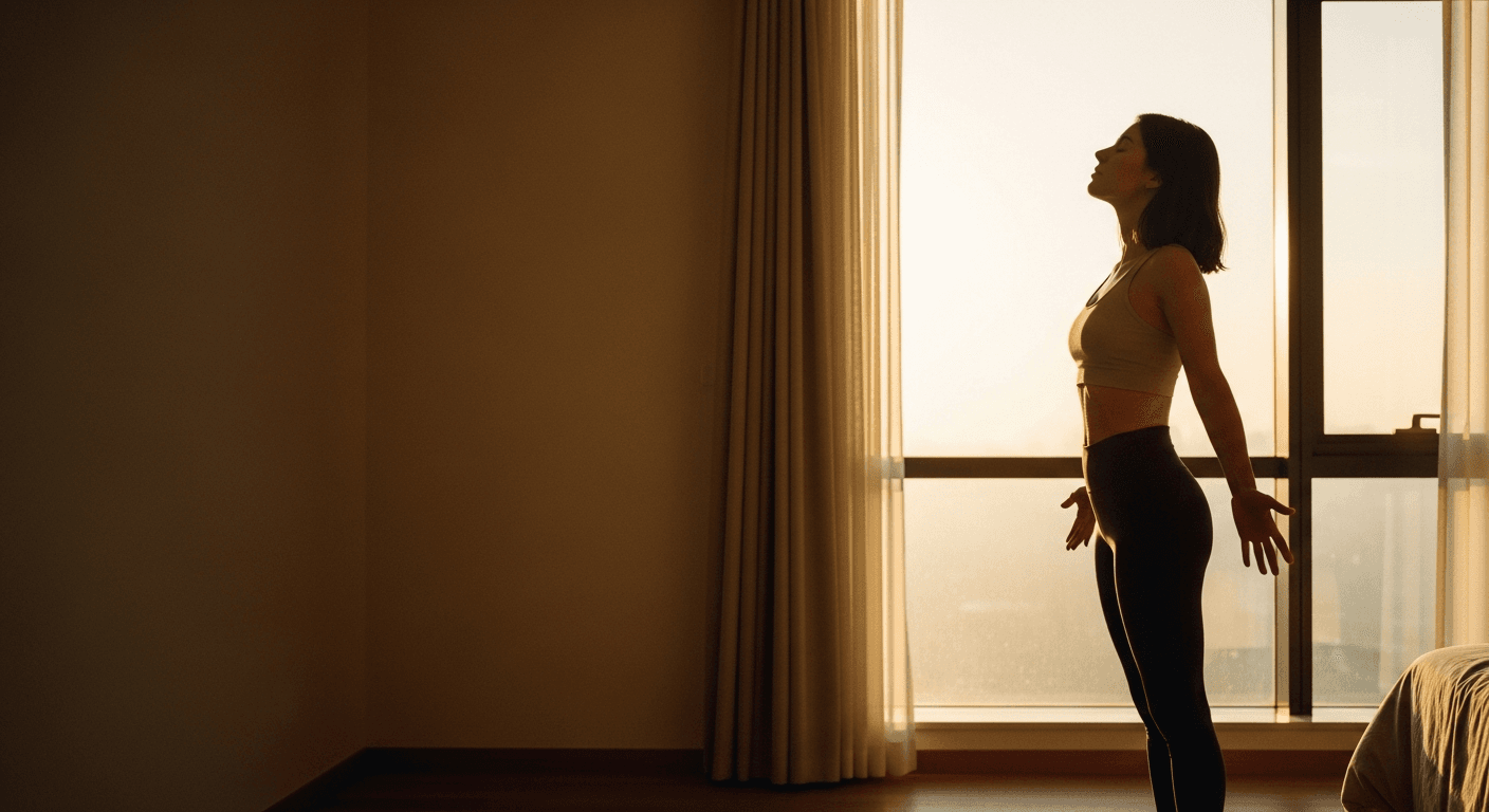 Woman in athletic wear with eyes closed and arms open, silhouetted against golden morning light from a window.