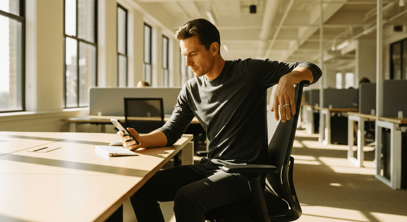Office worker standing up from desk chair while checking smartphone in bright, modern workspace.