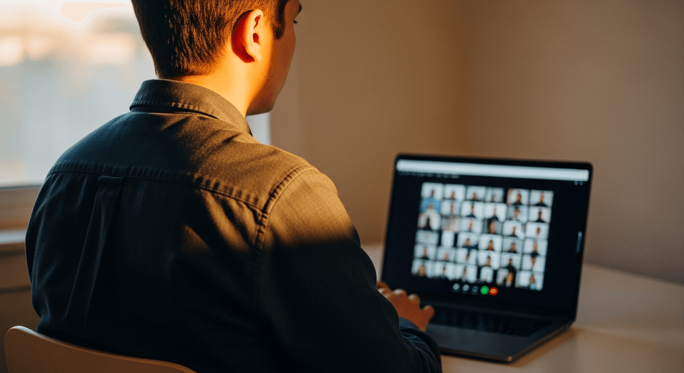 A solitary person at a minimal desk, bathed in warm golden light, facing a video call screen.